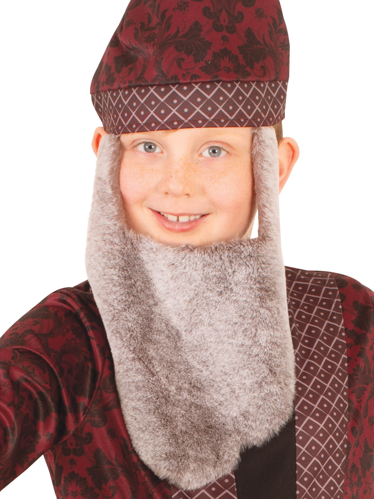 Close-up of the Dumbledore hat with patterned band and long grey beard