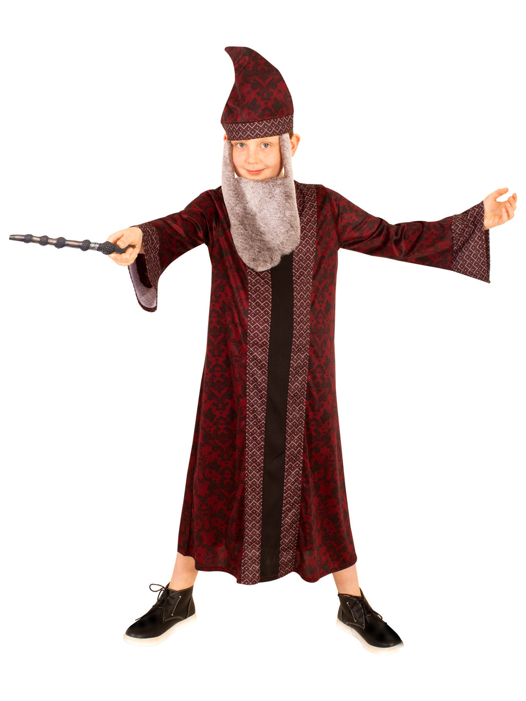 Child posing in the maroon Dumbledore robe with wide trumpet sleeves, patterned hat and beard