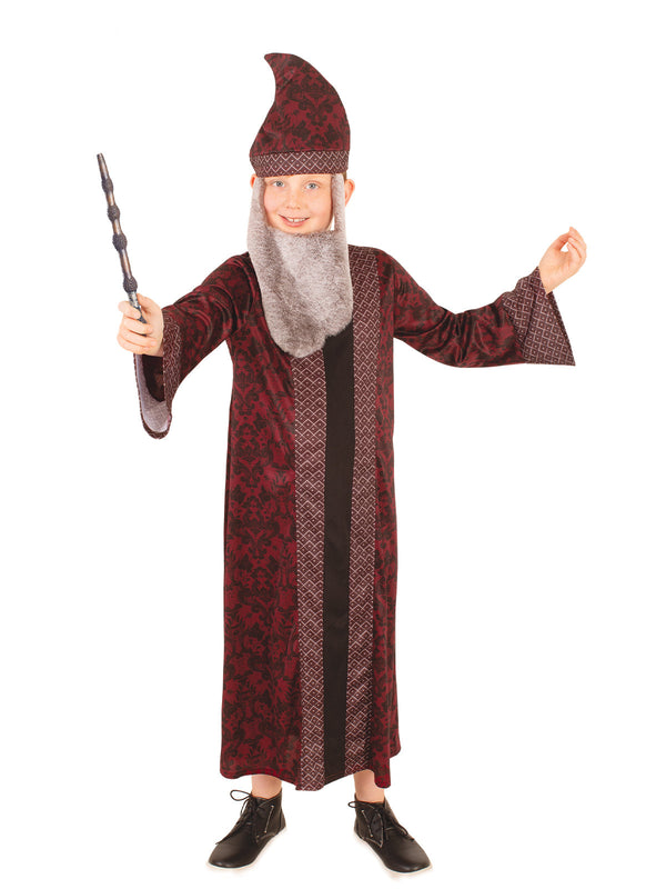 Child in a maroon Dumbledore robe with patterned front panels, matching hat and grey beard