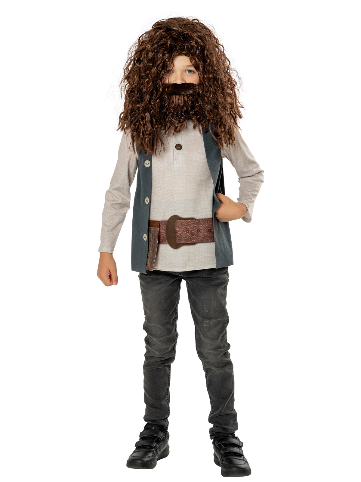 Boy in the Harry Potter Hagrid costume with a long curly brown wig and beard, cream tunic, waistcoat and belt