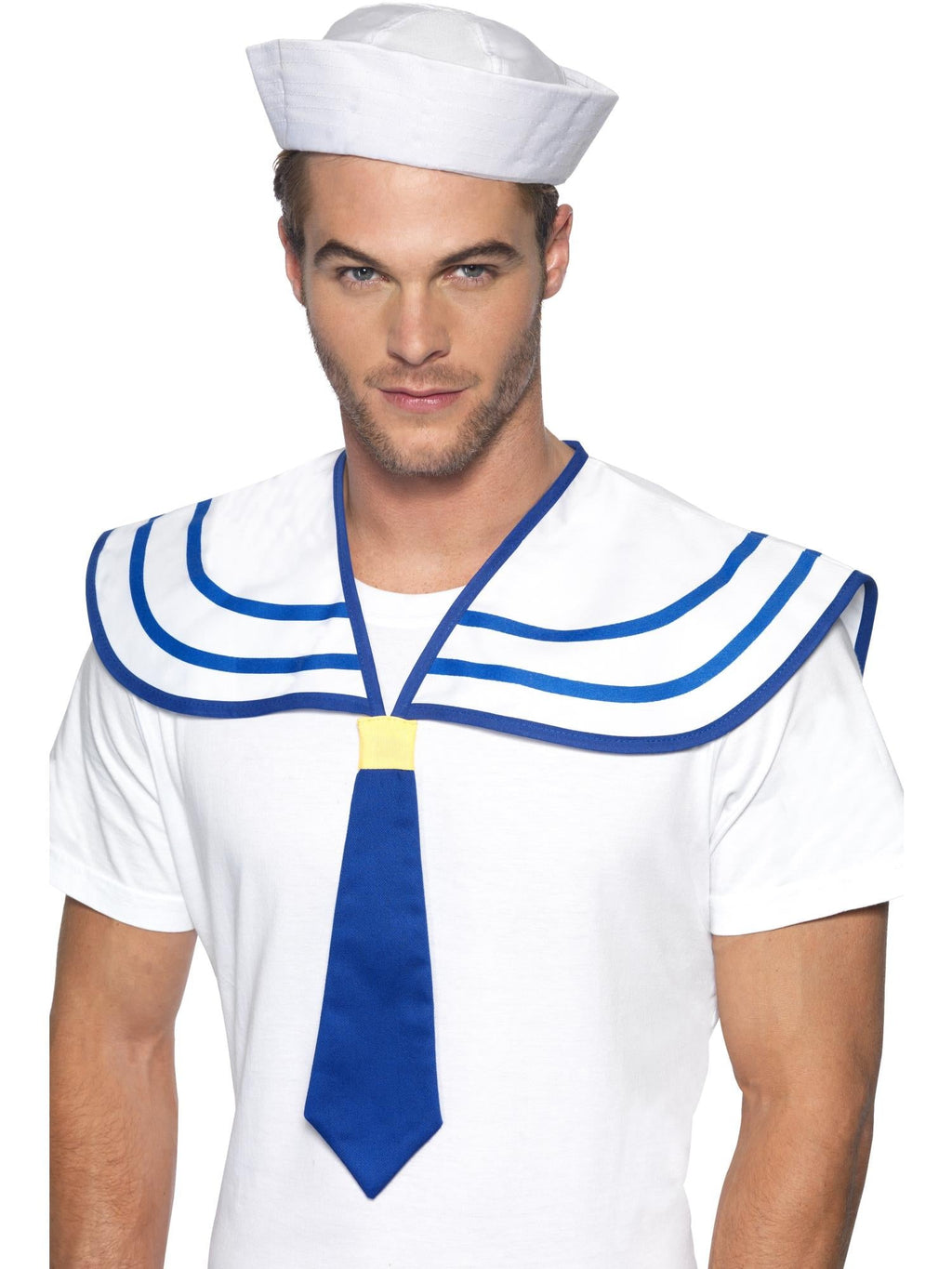 Man wearing a white and blue sailor collar with a blue neck tie