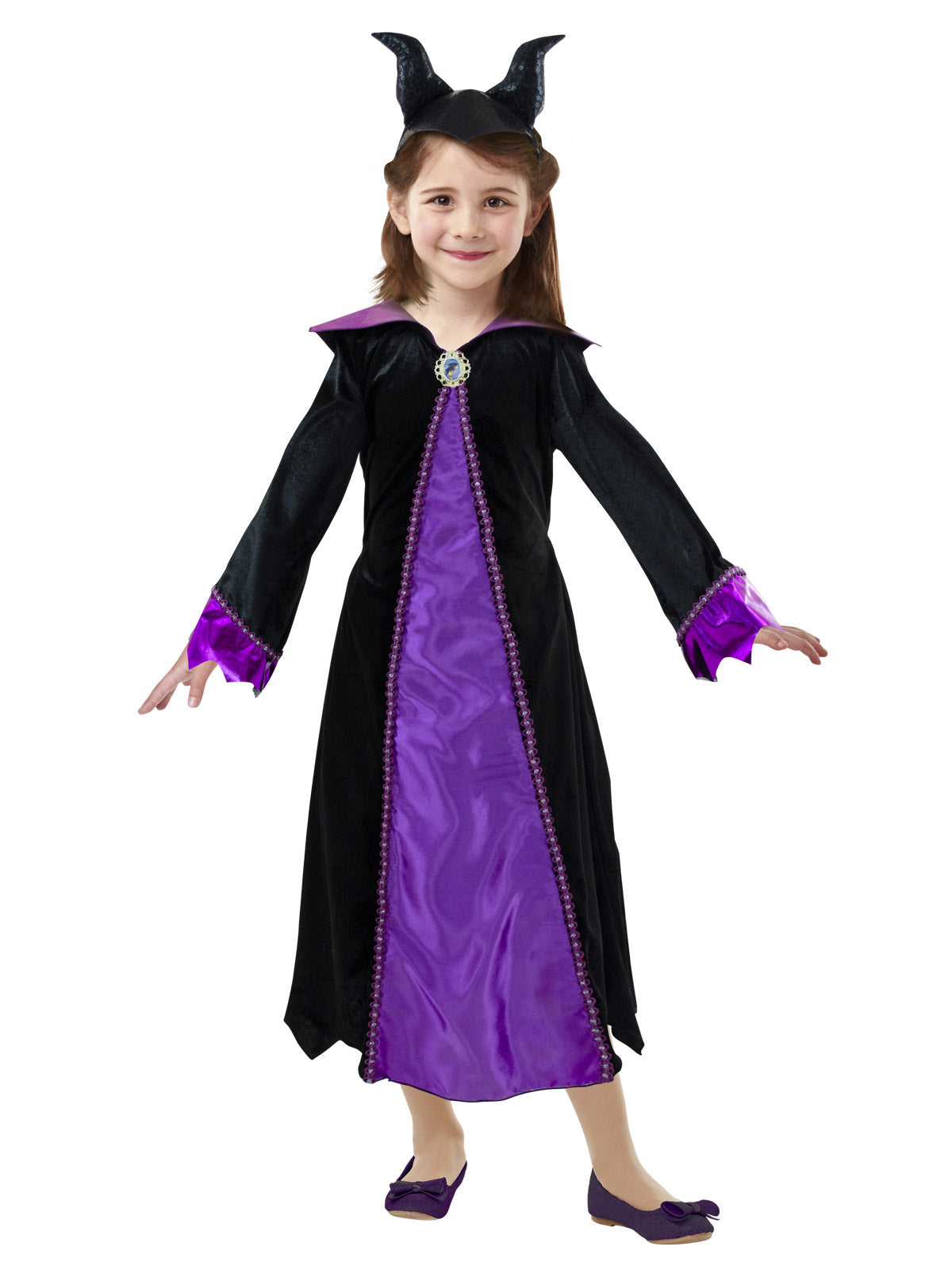 Girl in the Disney Maleficent Deluxe dress in black and purple with a pointed collar and horned headband