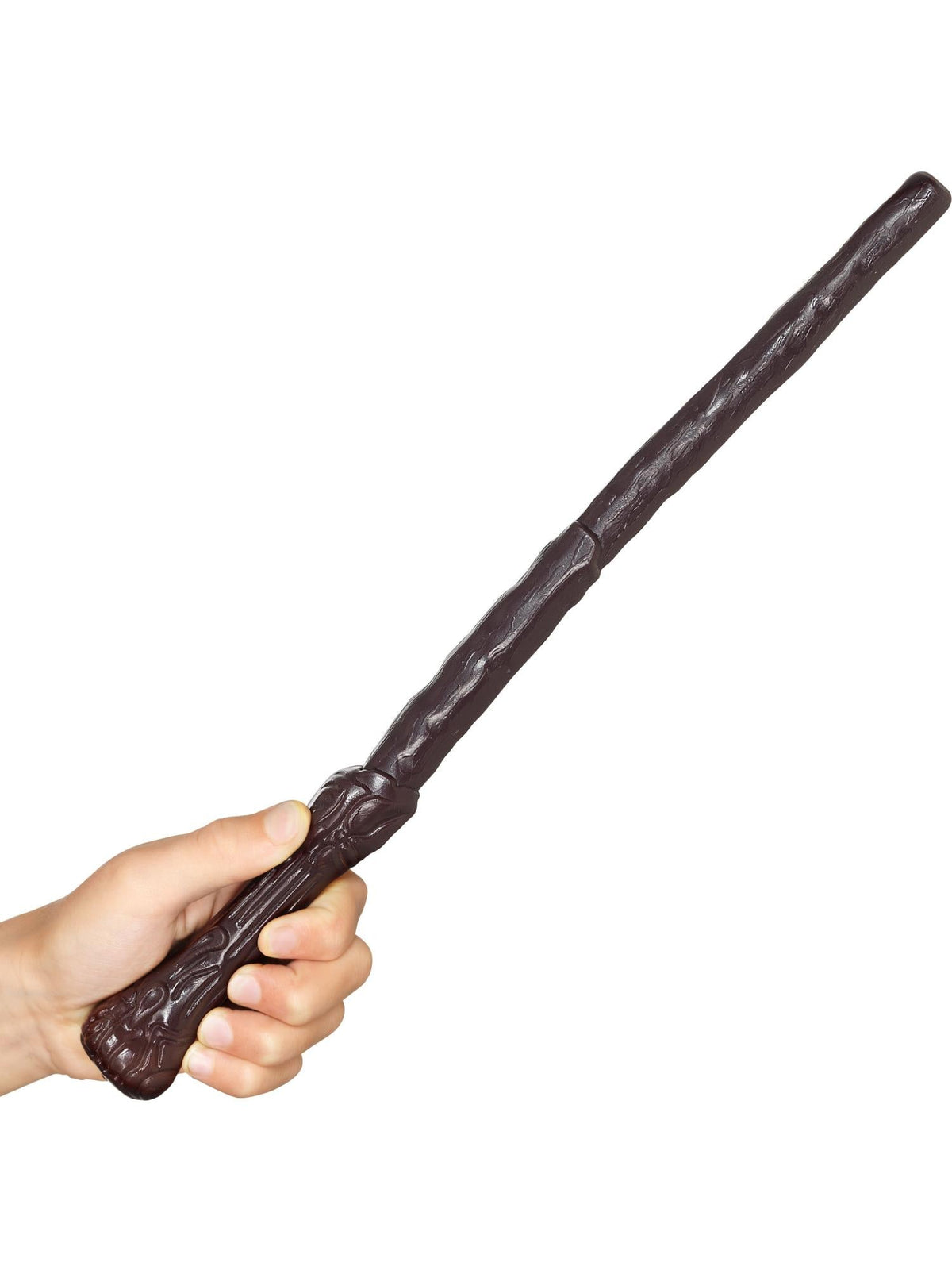 Hand holding a brown wood-style wizard wand