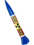 Blue inflatable missile prop with red and yellow nuke warning labels