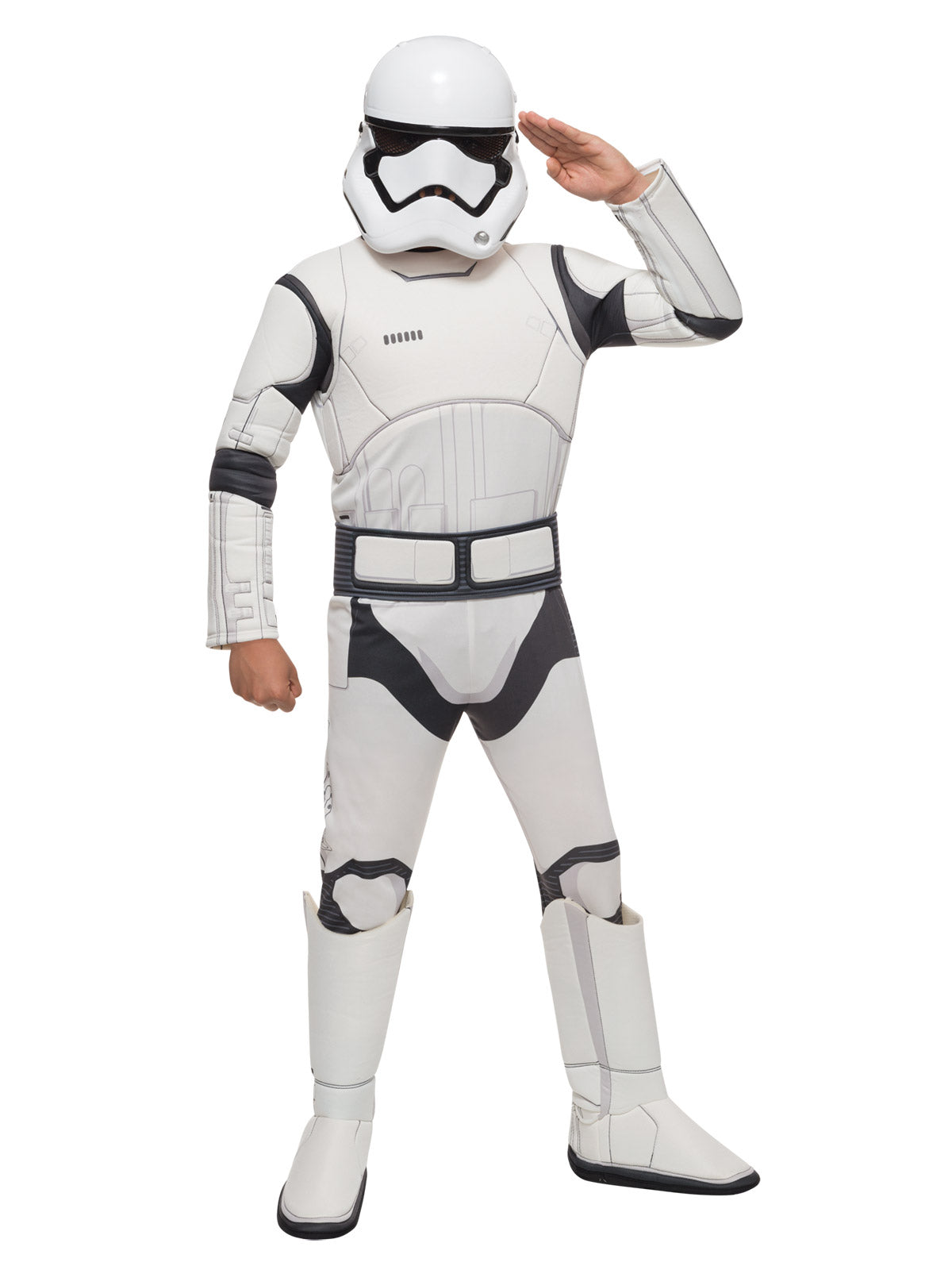 Child saluting in a deluxe Stormtrooper jumpsuit with padded armour print, 3D boot tops, belt and moulded mask