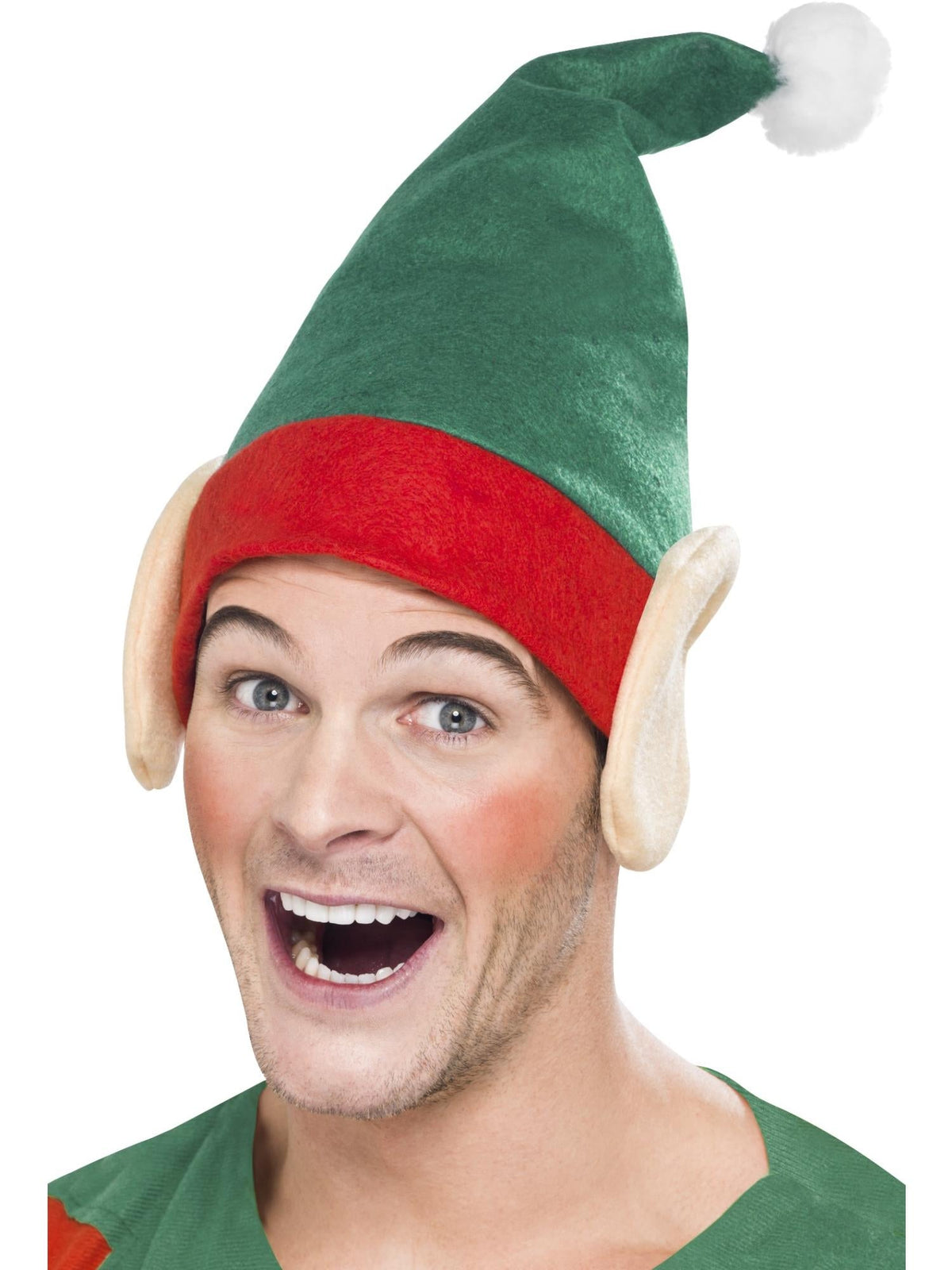 Man wearing a green elf hat with red band, white pom pom and attached pointed elf ears