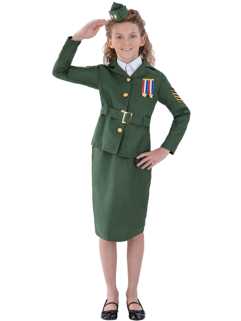 Girl saluting in the WW2 army girl uniform with sewn-on motifs, pencil skirt and cap