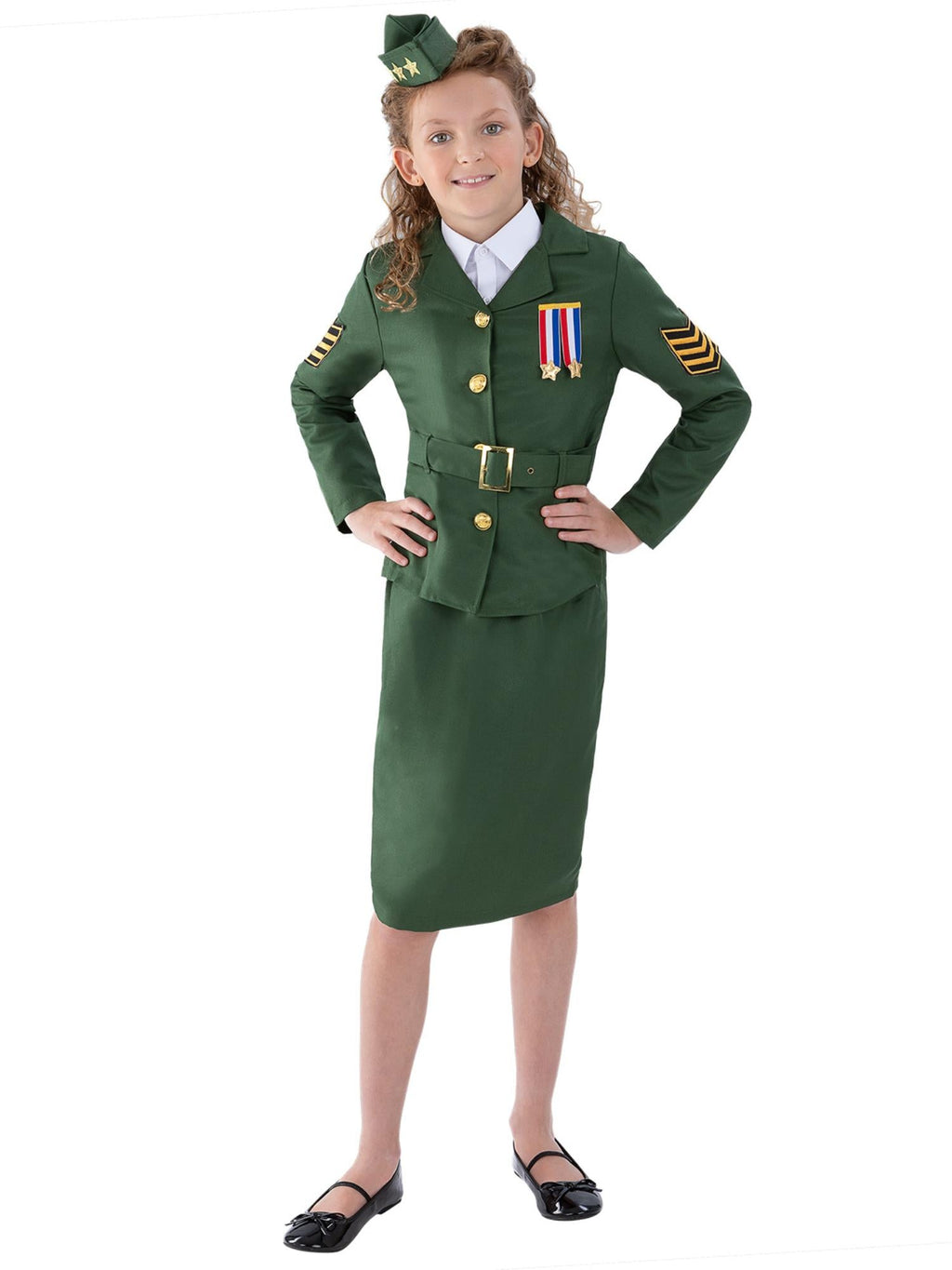 Girl wearing a green WW2 army girl uniform with emblem jacket, attached belt, pencil skirt and side cap