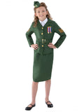 Girl wearing a green WW2 army girl uniform with emblem jacket, attached belt, pencil skirt and side cap