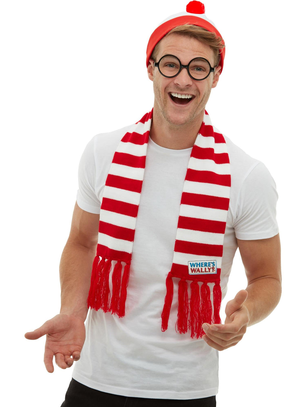 Man wearing a red and white striped beanie with pom pom, round black glasses and a striped scarf