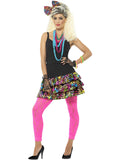 Woman wearing a colourful layered 80s ra-ra skirt, patterned bow headpiece and beaded necklaces