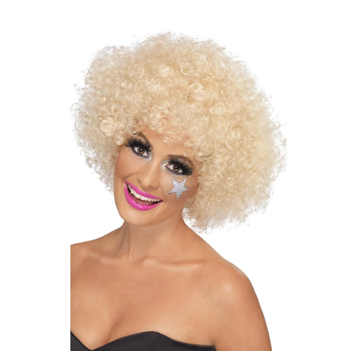 Woman wearing a big curly blonde 70s afro wig