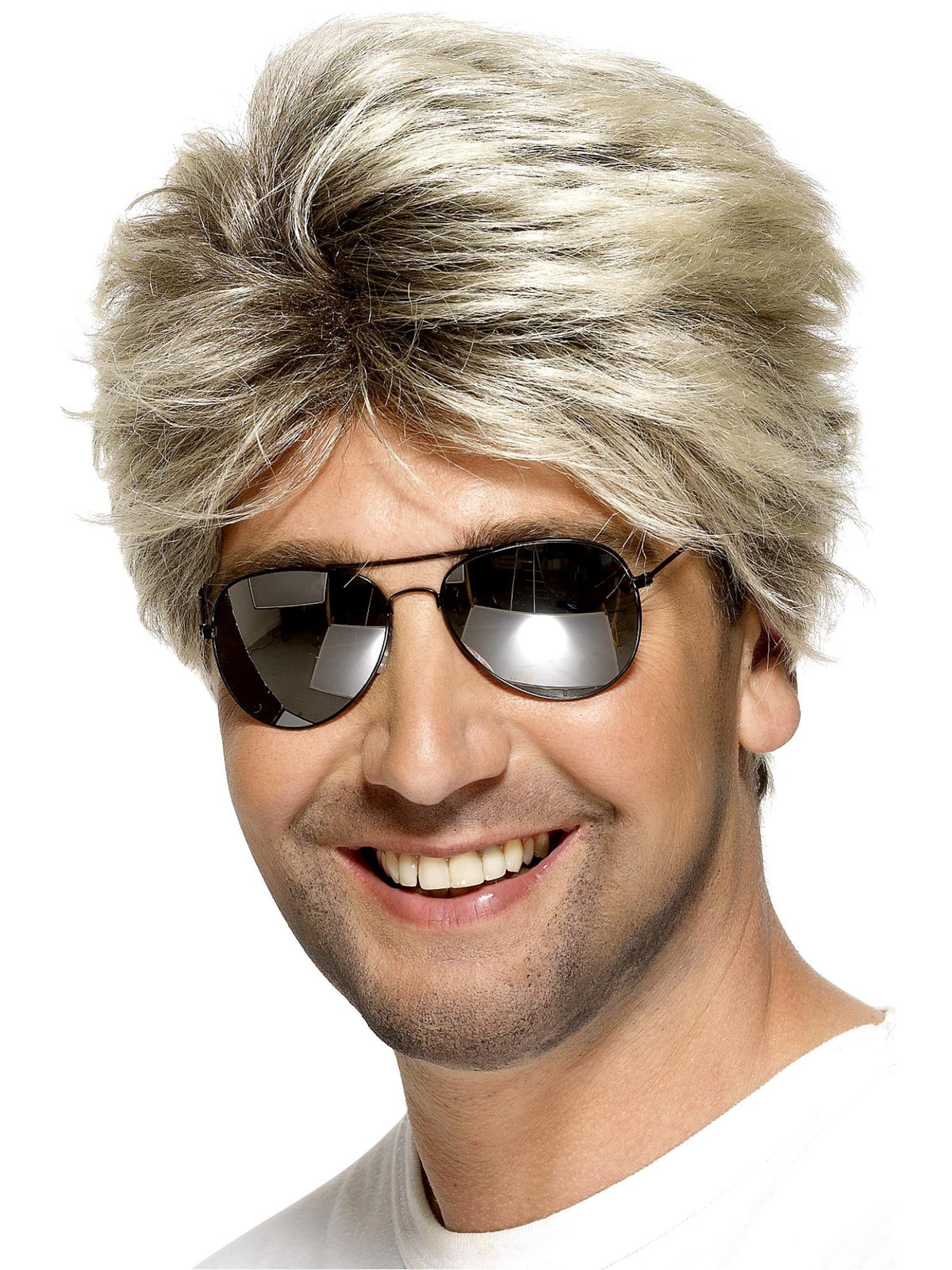 Man wearing a short feathered frosted blonde 80s street wig