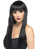 Woman wearing a long straight black wig with a full fringe