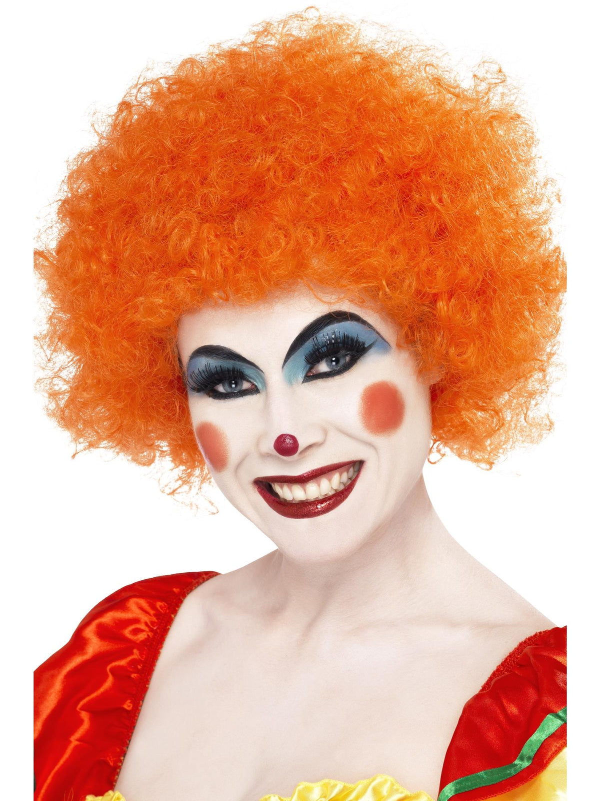 Woman in clown make-up wearing a thick curly neon orange wig