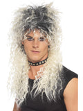 Man wearing a long tousled two-tone blonde rocker wig