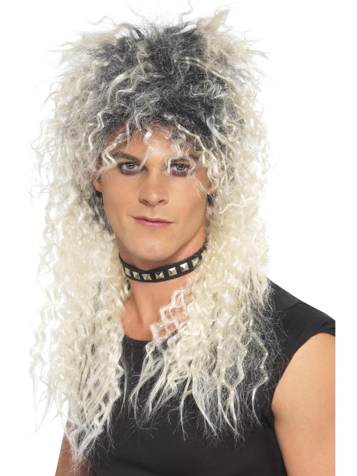 Man wearing a long tousled two-tone blonde rocker wig
