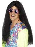 Man wearing a long straight black hippie wig