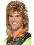 Man wearing a brown and blonde highlighted mullet wig