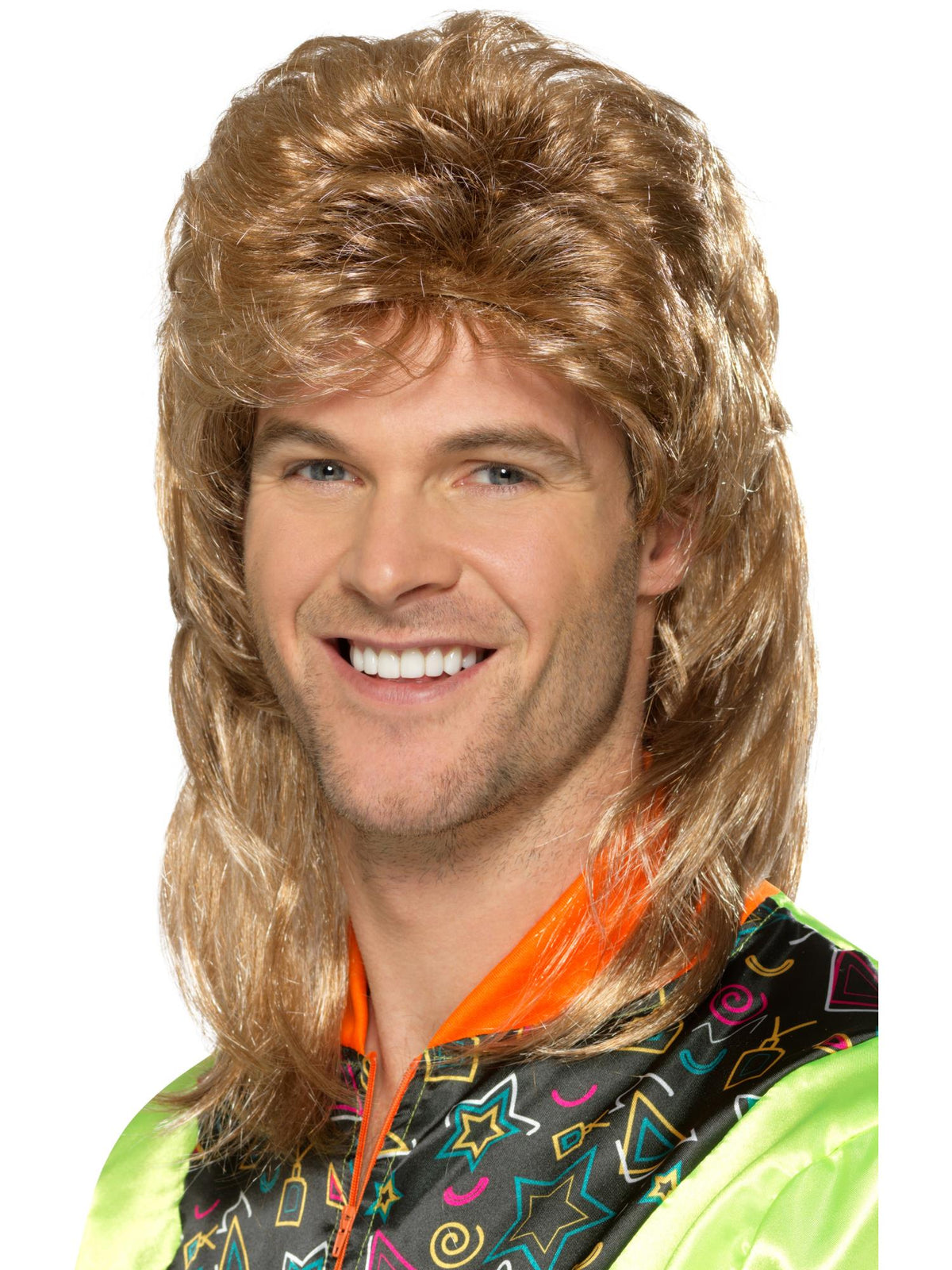 Man wearing a brown and blonde highlighted mullet wig