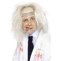 Man wearing a wild white madman wig with a bald top