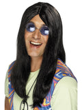 Man wearing a long straight black hippy wig with side parting