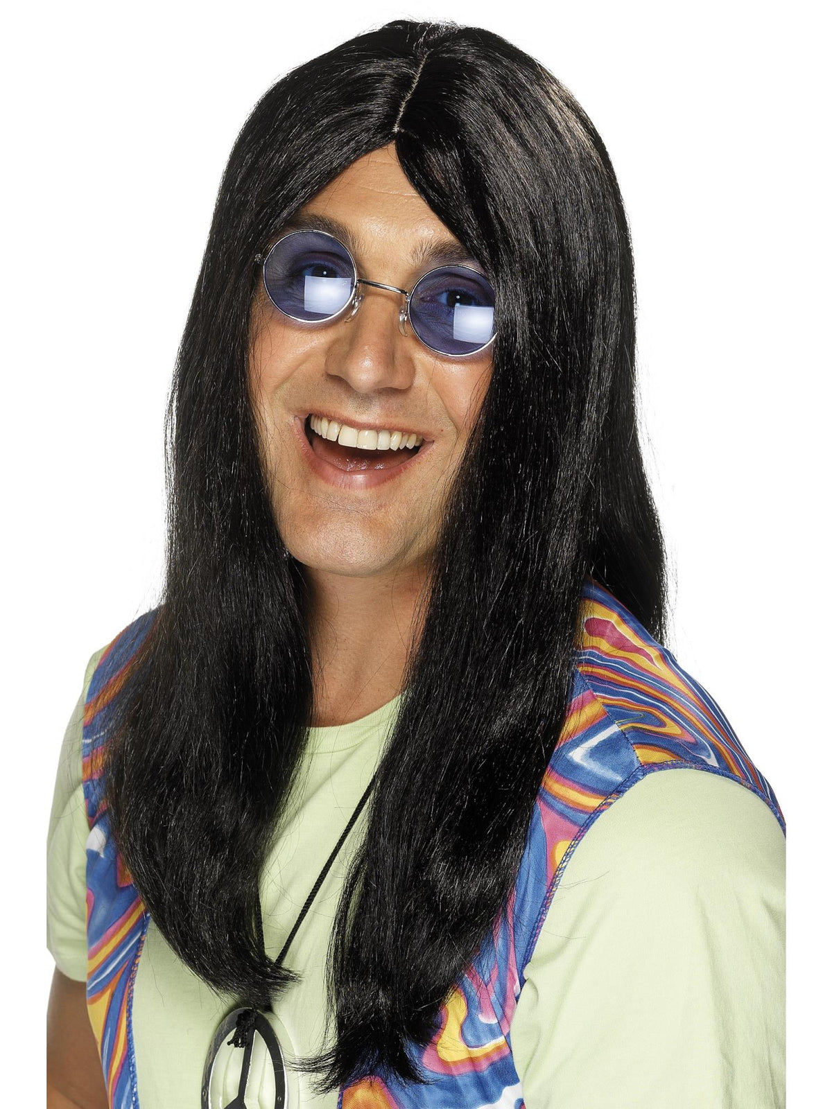 Man wearing a long straight black hippy wig with side parting
