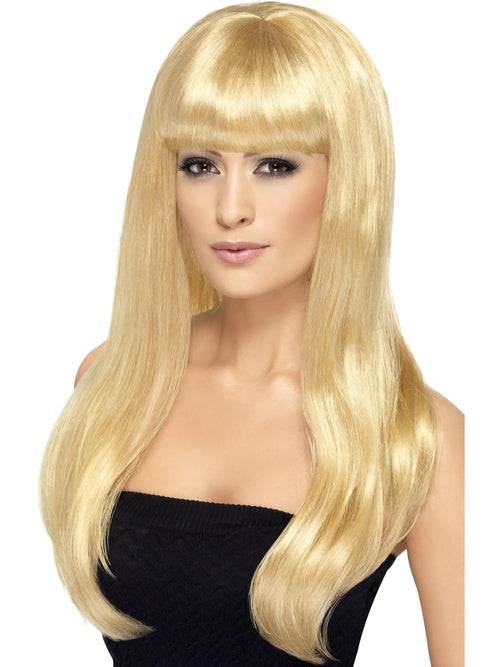 Woman wearing a long straight blonde wig with a full fringe