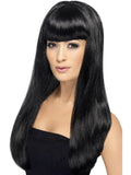 Woman wearing a long straight black wig with a full fringe