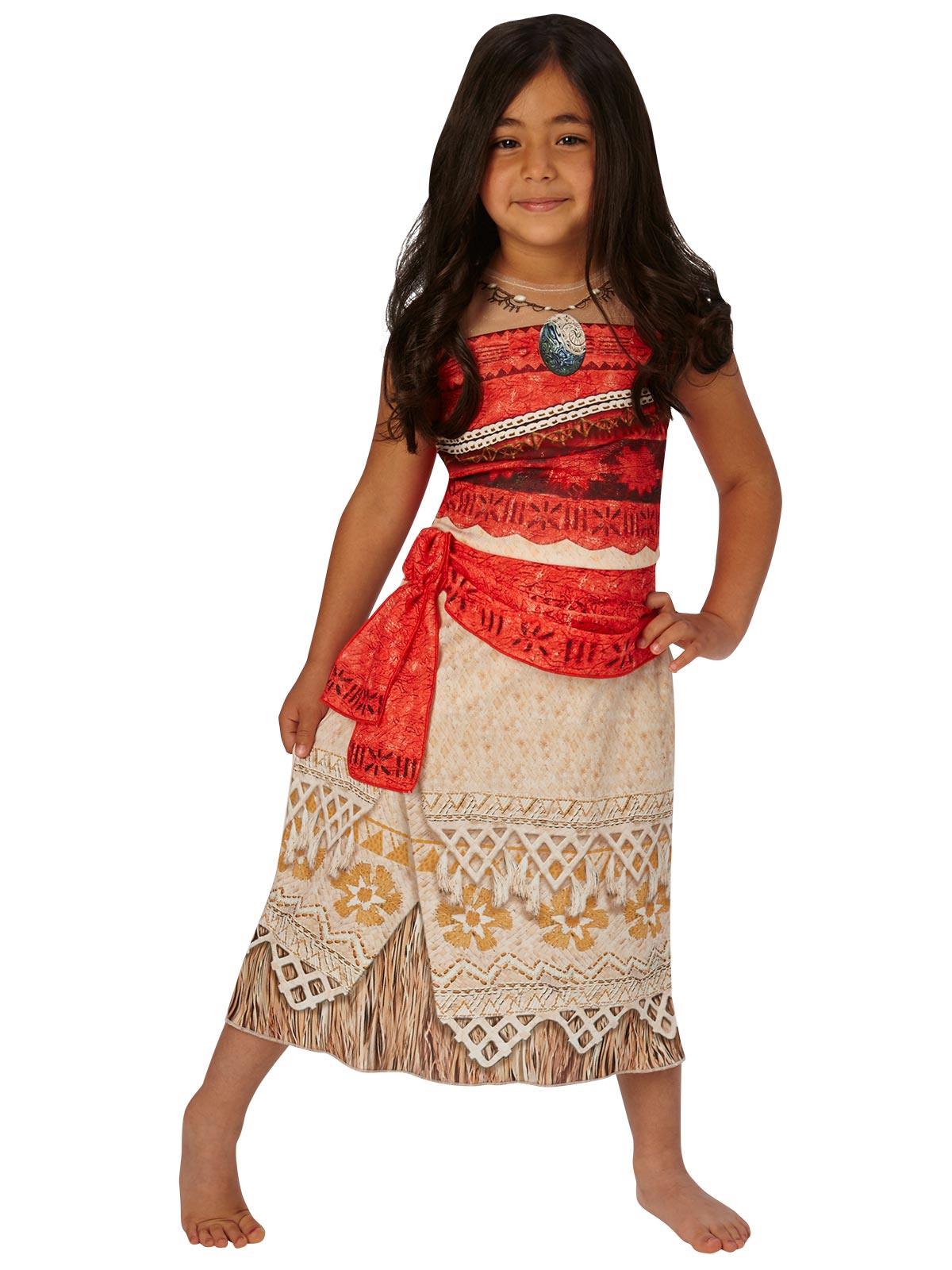 Girl posing in the Moana dress with a tulle illusion neckline, red top and cream printed skirt