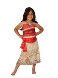Girl in the Disney Moana dress with a red printed bodice, red waist tie and cream patterned skirt