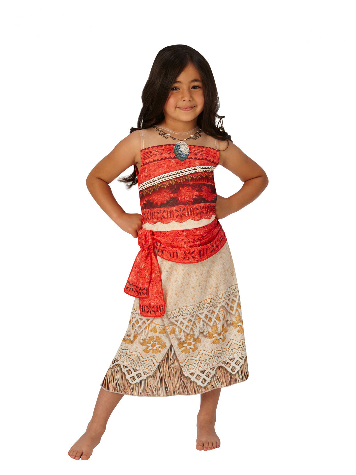 Girl in the Disney Moana dress with a red printed bodice, red waist tie and cream patterned skirt