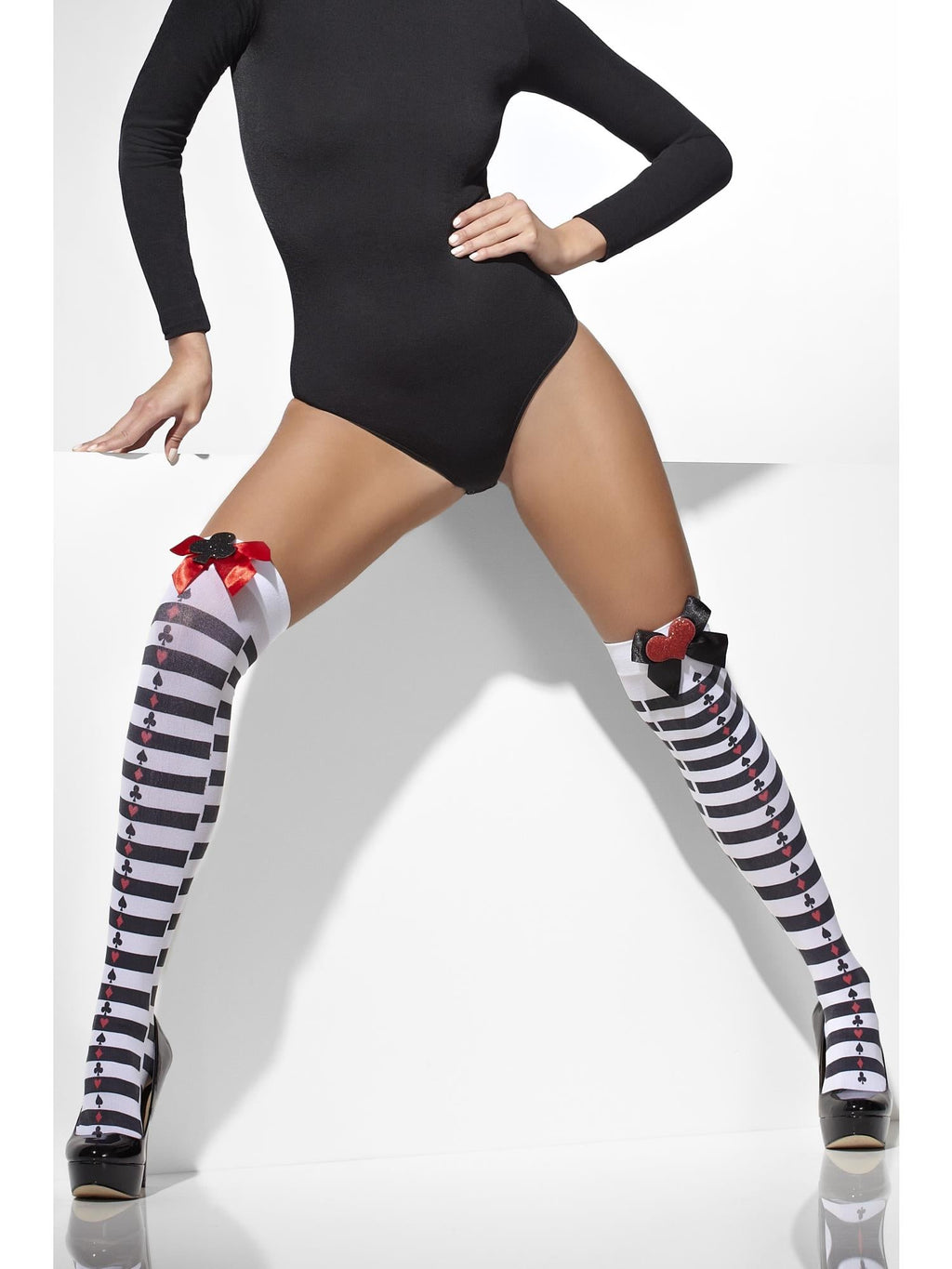 Black and white striped thigh highs, alternate view
