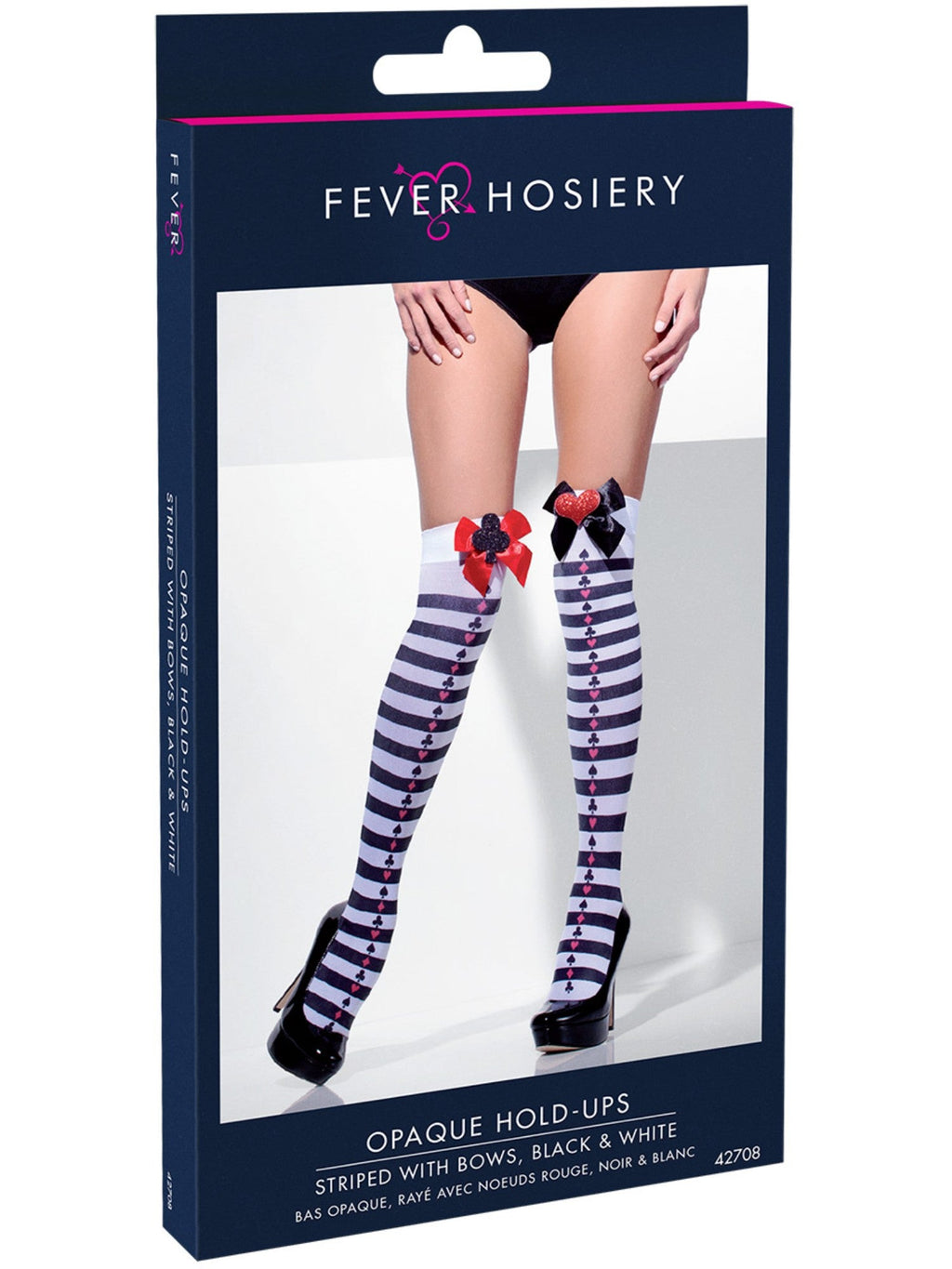 Striped thigh highs in their retail packaging