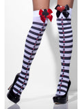 Legs wearing black and white striped thigh highs with red and black bows and heart motifs