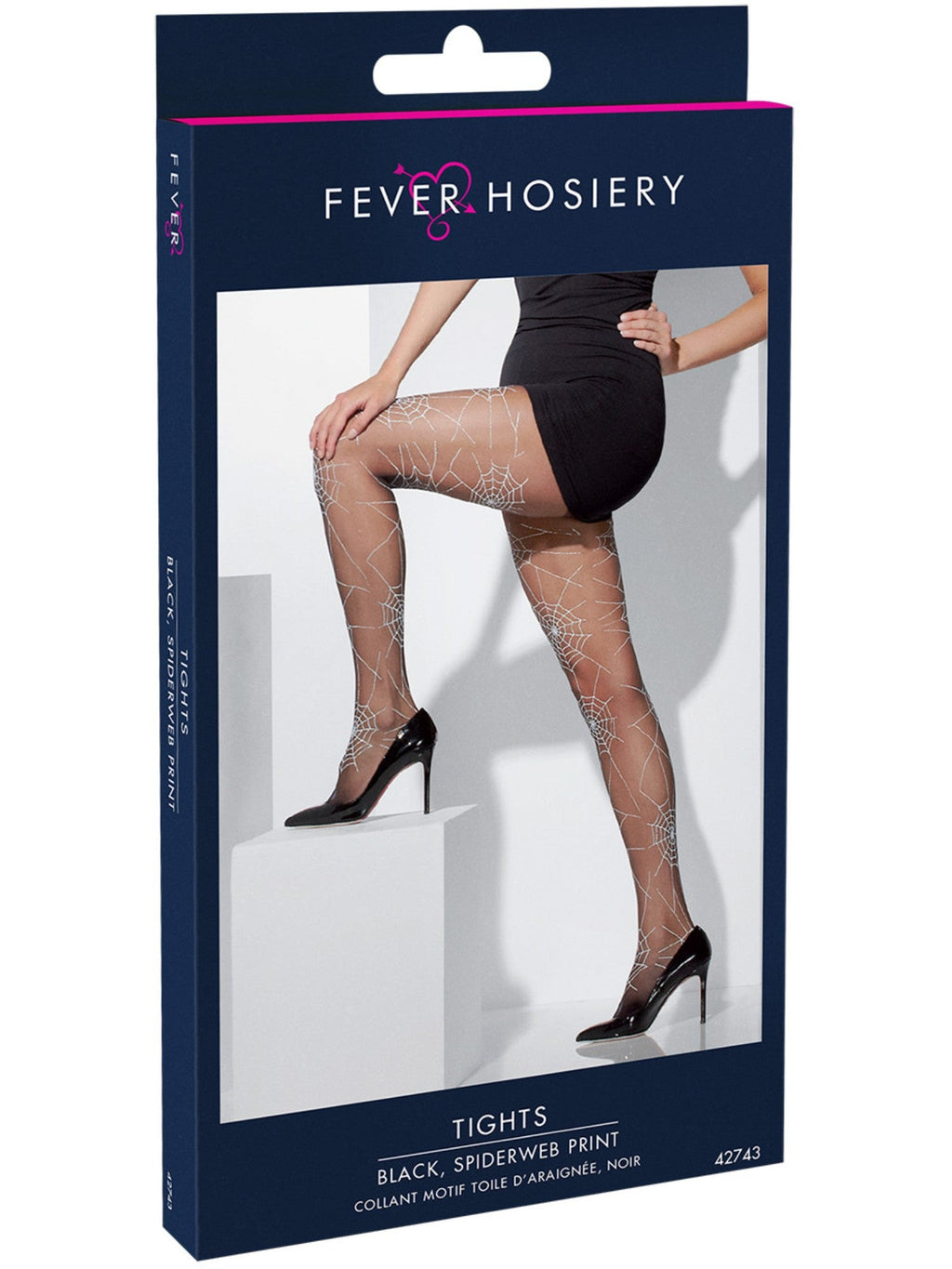 Spider web print tights in their retail packaging