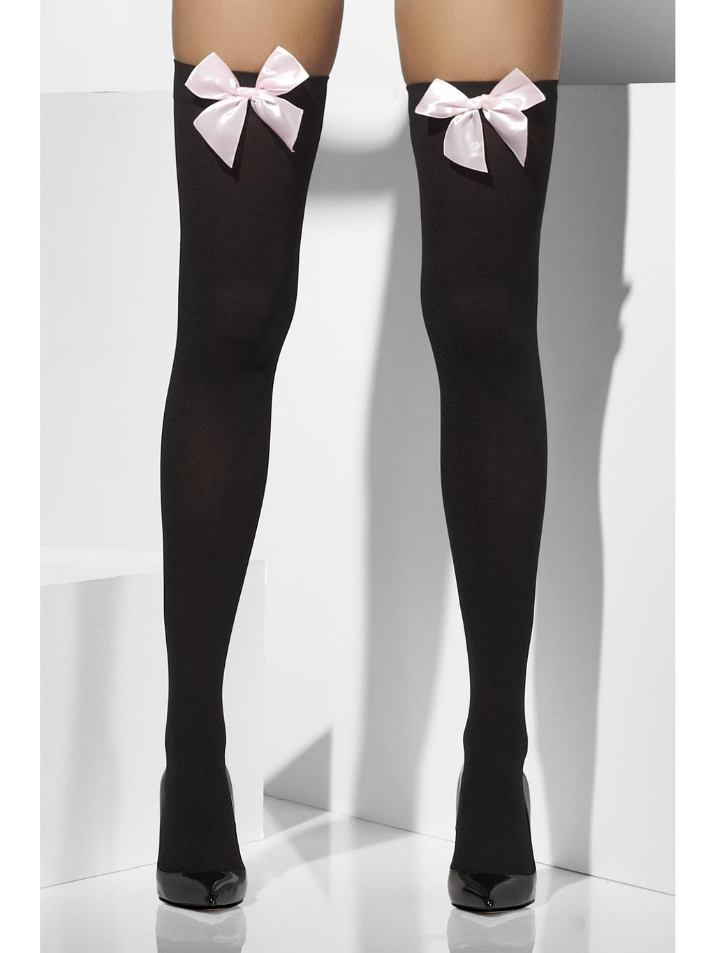 Black thigh highs with pink bows, alternate view