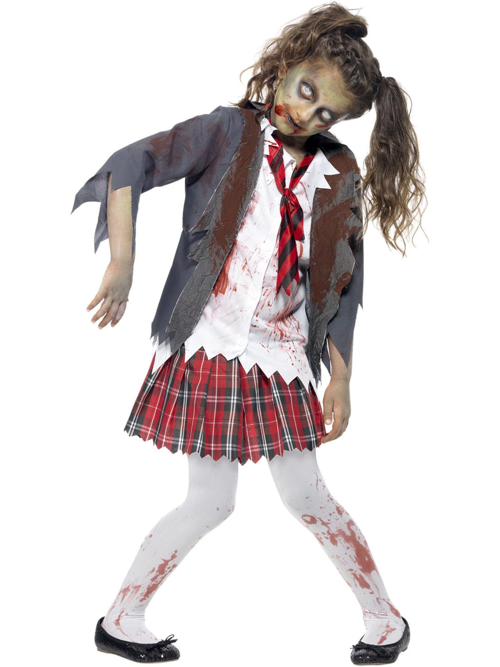 Girl posing in the zombie school girl blazer with torn tie and tartan mini skirt