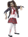 Girl wearing a zombie school girl costume with torn blood-stained jacket and mock shirt, tie and red tartan skirt