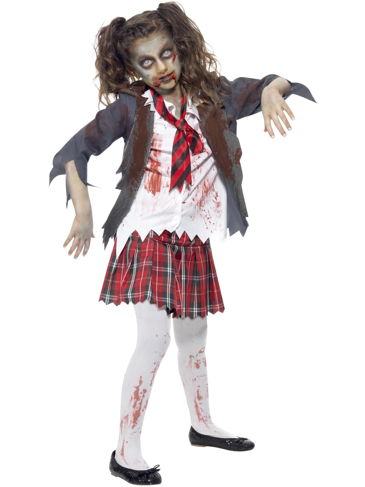 Girl wearing a zombie school girl costume with torn blood-stained jacket and mock shirt, tie and red tartan skirt