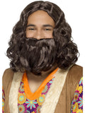 Man wearing a long wavy brown wig with a full brown beard and moustache