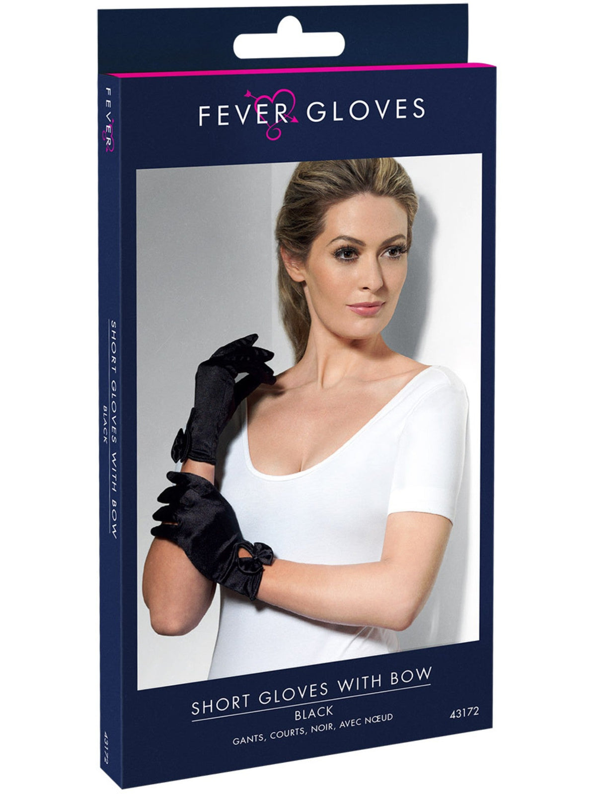 Short black gloves in their retail packaging
