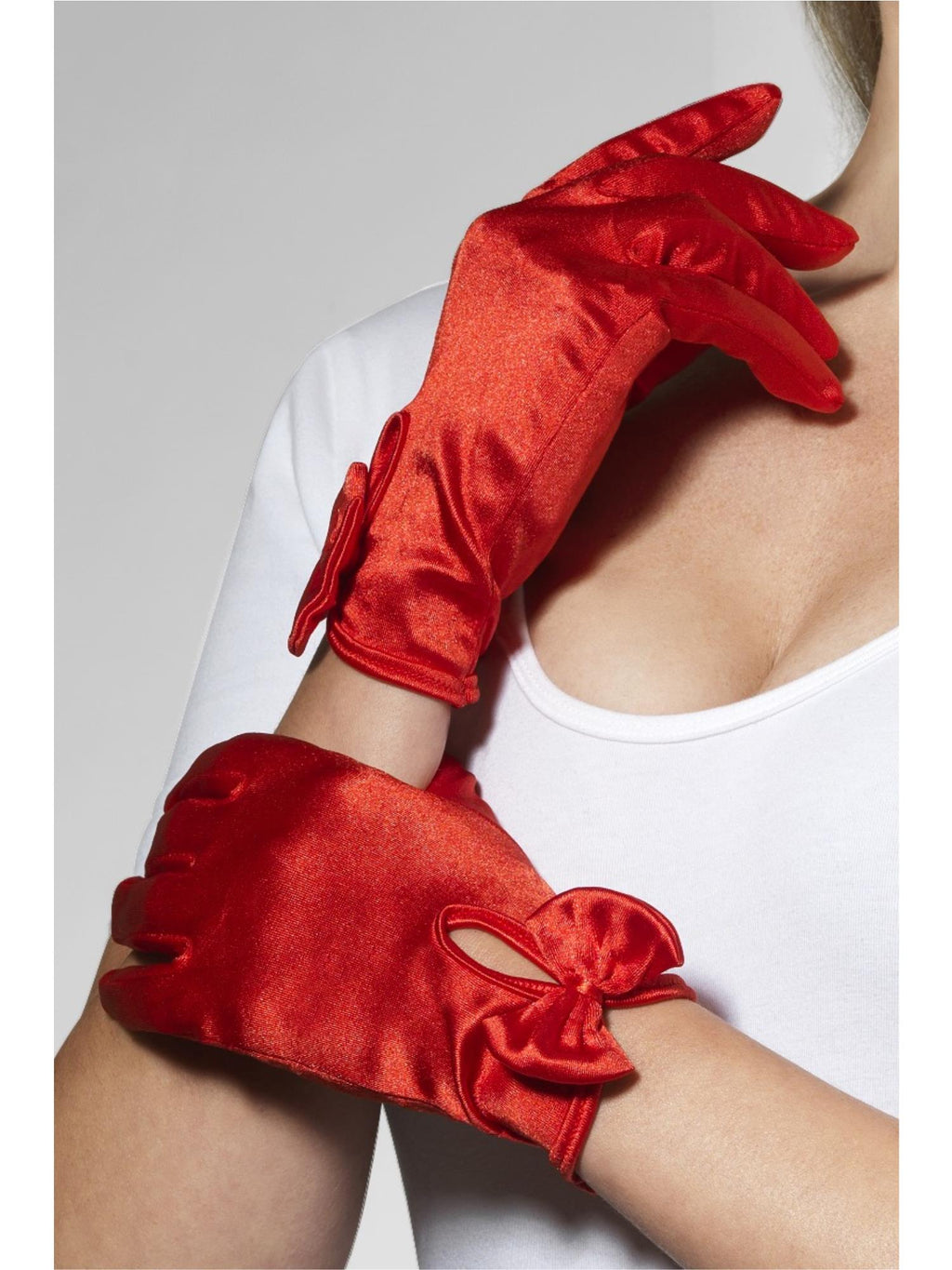 Short red satin gloves with bows at the wrist