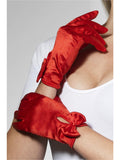 Short red satin gloves with bows at the wrist