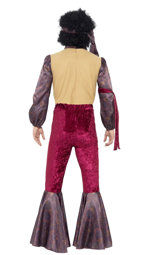 Back of Jimi Hendrix 70s rocker shirt with attached waistcoat, flares and headband