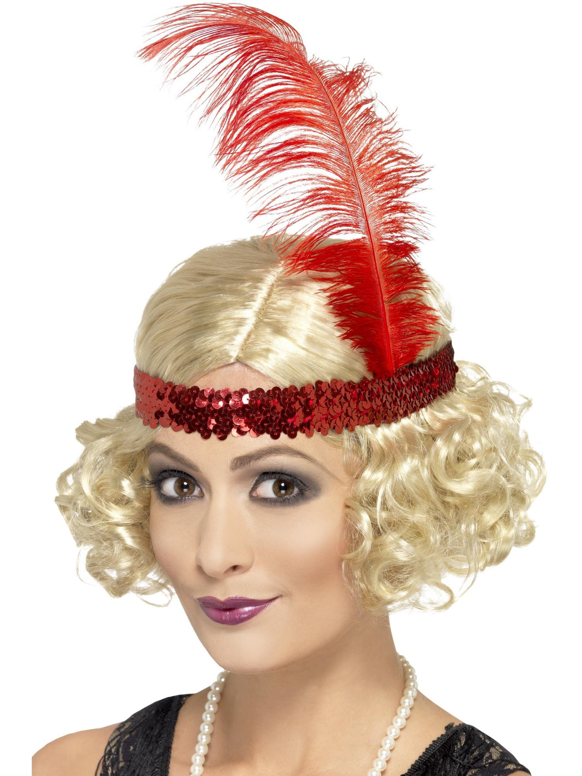 Woman wearing a short curly blonde Charleston bob wig