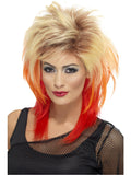 Woman wearing a spiky blonde 80s mullet wig with orange and red lengths