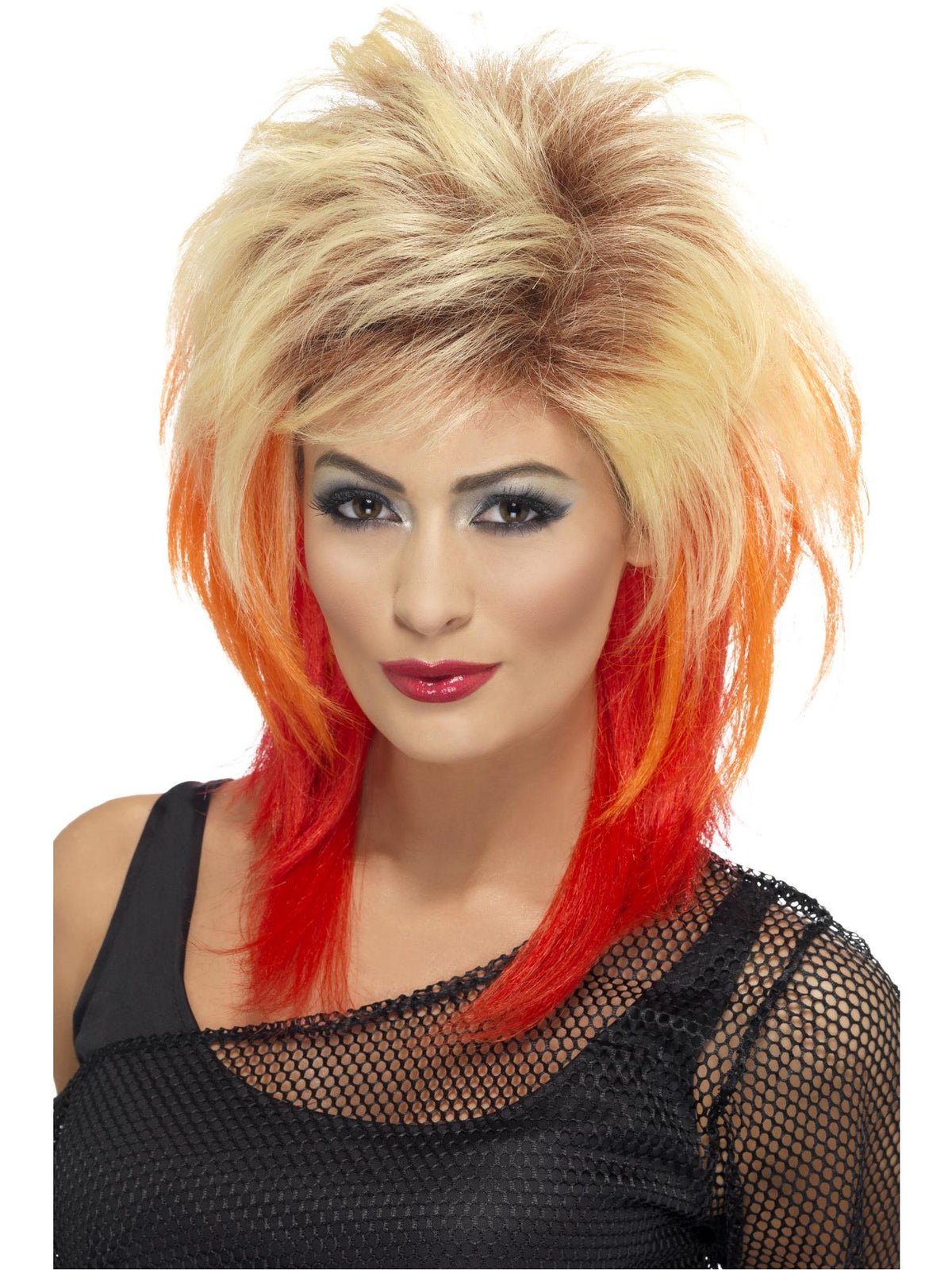 Woman wearing a spiky blonde 80s mullet wig with orange and red lengths
