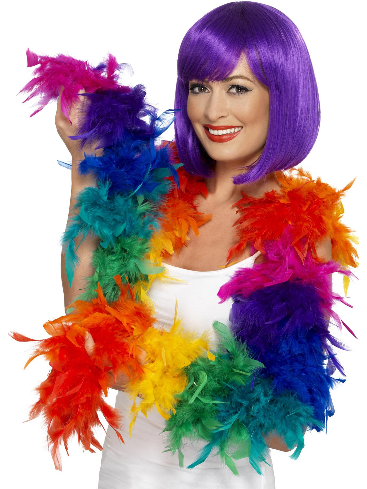 Woman wearing a fluffy rainbow feather boa around her shoulders