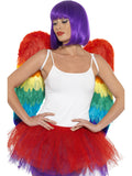 Woman wearing large rainbow feather wings with shoulder straps